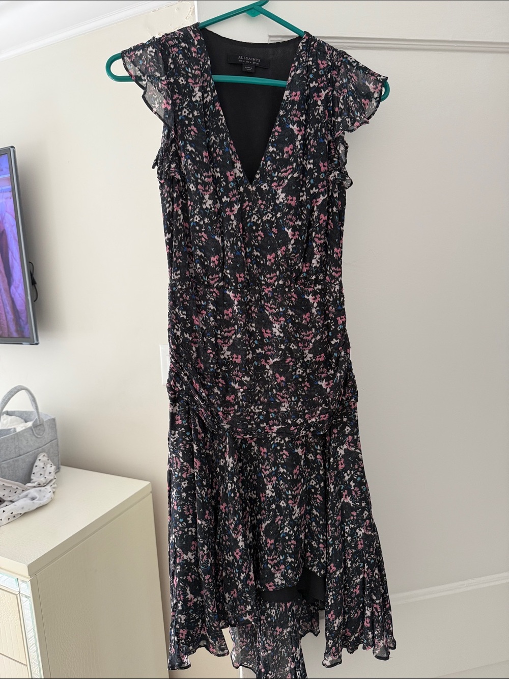 All Saints Black Floral High-Low Ruffle Dress with cinched waist